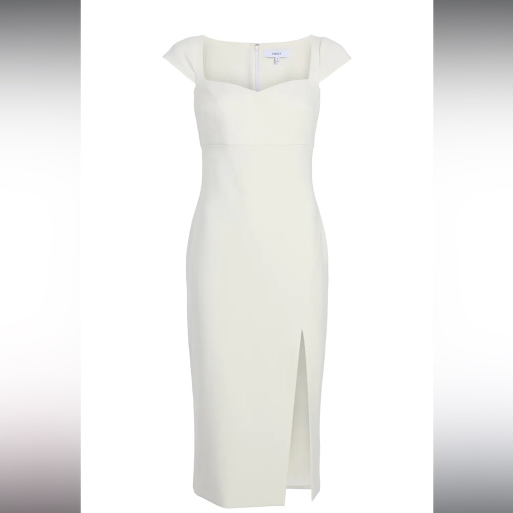 Midi-length Likely dress with slit and sweetheart neckline